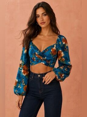 Band of Gypsies Floral Crop Top Large Teal Blue Puff Sleeve Ruched Boho Rayon